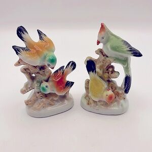Vintage, bisque, miniature statues with colorful birds! Made in Japan. Sweet!